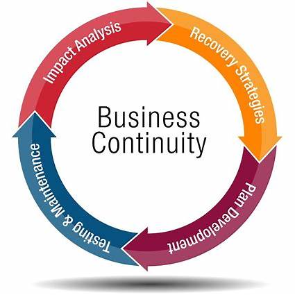 Business Continuity Lifecycle showing the continuous cycle of Impact Analysis, Recovery Strategies, Plan Development, and Testing & Maintenance with central Business Continuity hub